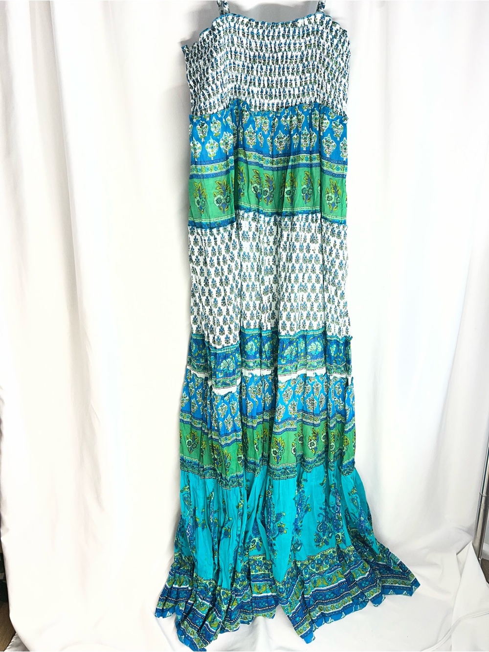 Chaudry Blue & Green Printed Tiered Maxi Dress boho nwt size L
